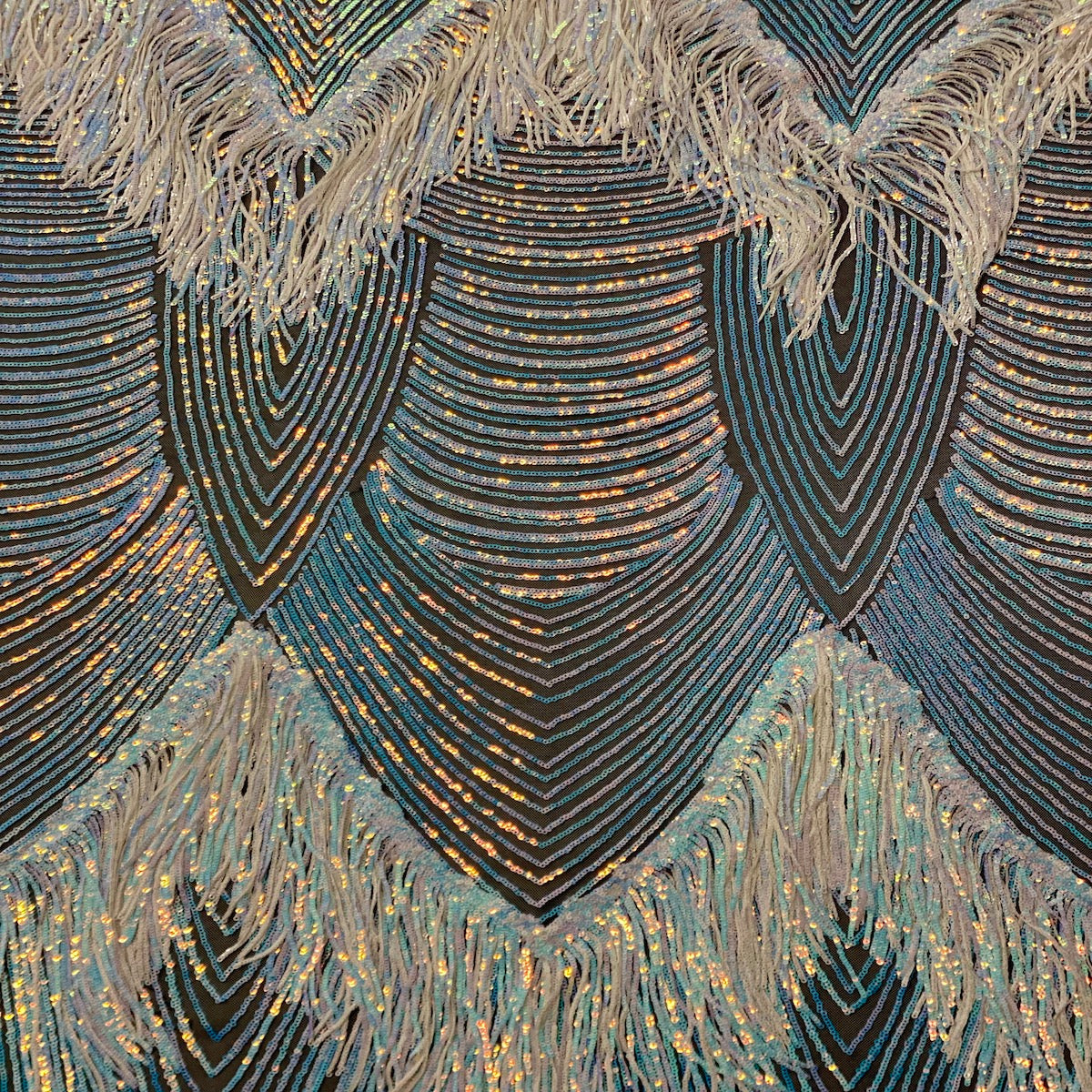 Flamingo Fringe Embroidered Stretch Sequin Fabric - Nylon Spandex Mesh Fabric, Fringe Embroidered Sequin, 60" Width, 12" Pattern Repeat (1 Yard)