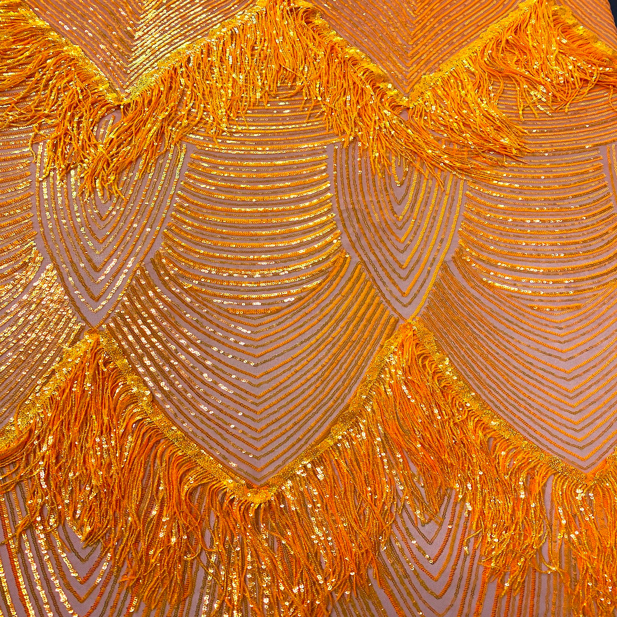 Flamingo Fringe Embroidered Stretch Sequin Fabric - Nylon Spandex Mesh Fabric, Fringe Embroidered Sequin, 60" Width, 12" Pattern Repeat (1 Yard)