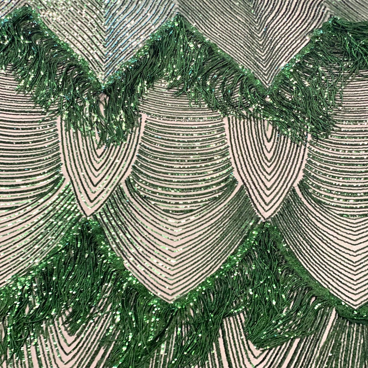 Flamingo Fringe Embroidered Stretch Sequin Fabric - Nylon Spandex Mesh Fabric, Fringe Embroidered Sequin, 60" Width, 12" Pattern Repeat (1 Yard)