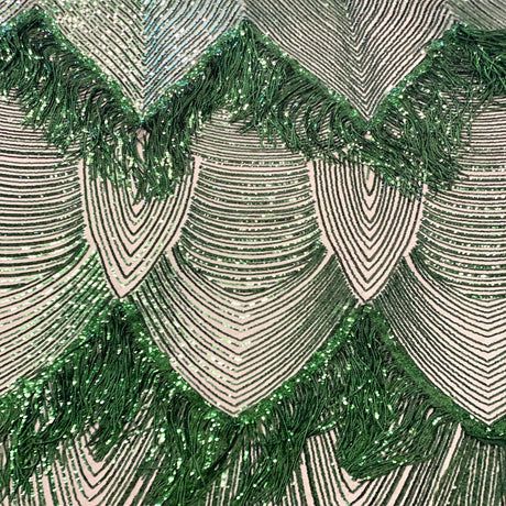 Flamingo Fringe Embroidered Stretch Sequin Fabric - Nylon Spandex Mesh Fabric, Fringe Embroidered Sequin, 60" Width, 12" Pattern Repeat (1 Yard)
