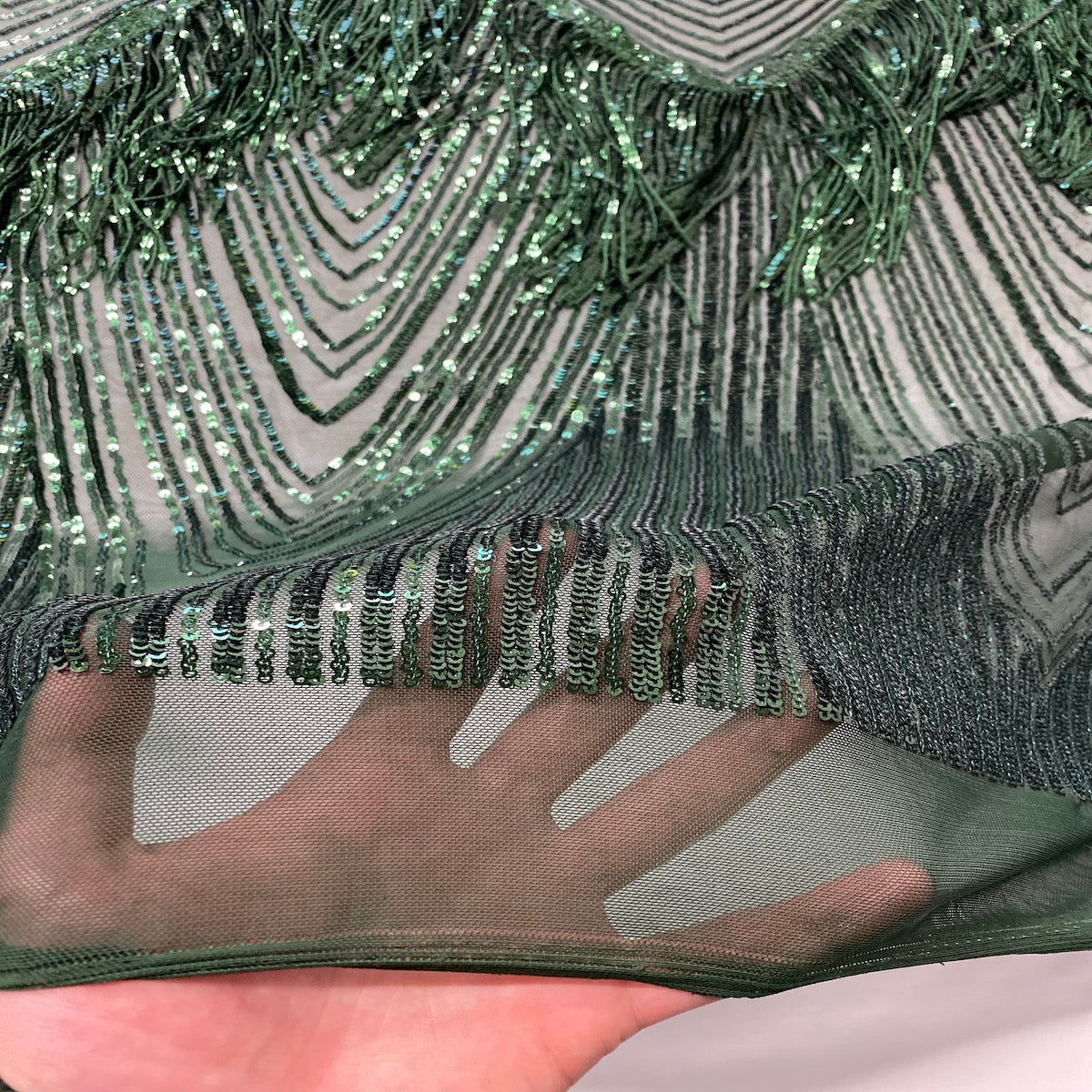 Flamingo Fringe Embroidered Stretch Sequin Fabric - Nylon Spandex Mesh Fabric, Fringe Embroidered Sequin, 60" Width, 12" Pattern Repeat (1 Yard)