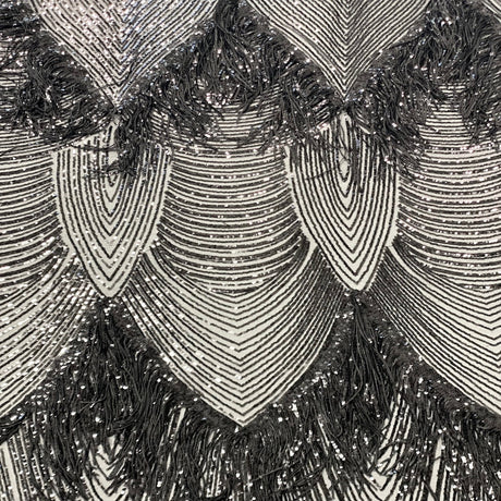 Flamingo Fringe Embroidered Stretch Sequin Fabric - Nylon Spandex Mesh Fabric, Fringe Embroidered Sequin, 60" Width, 12" Pattern Repeat (1 Yard)