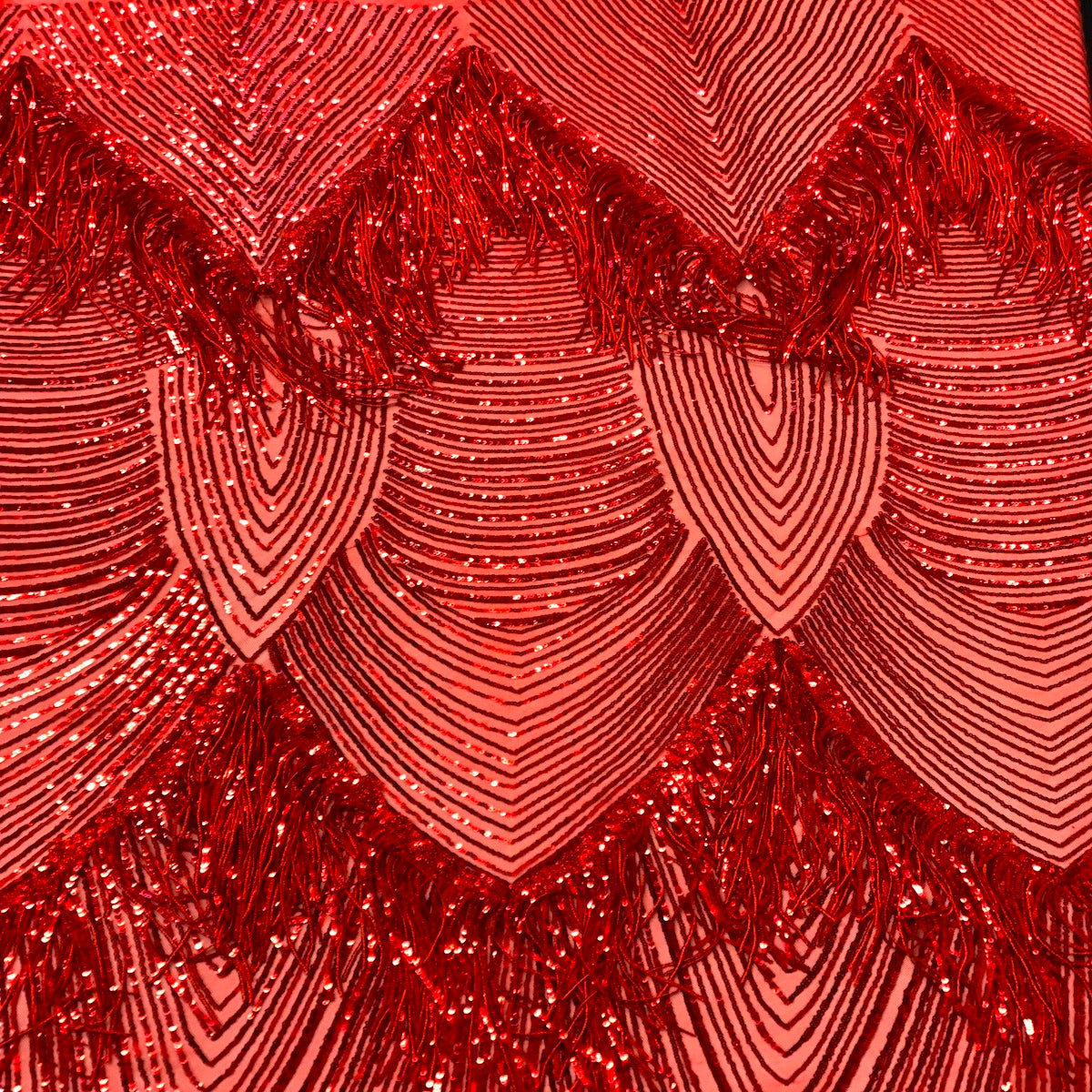 Flamingo Fringe Embroidered Stretch Sequin Fabric - Nylon Spandex Mesh Fabric, Fringe Embroidered Sequin, 60" Width, 12" Pattern Repeat (1 Yard)