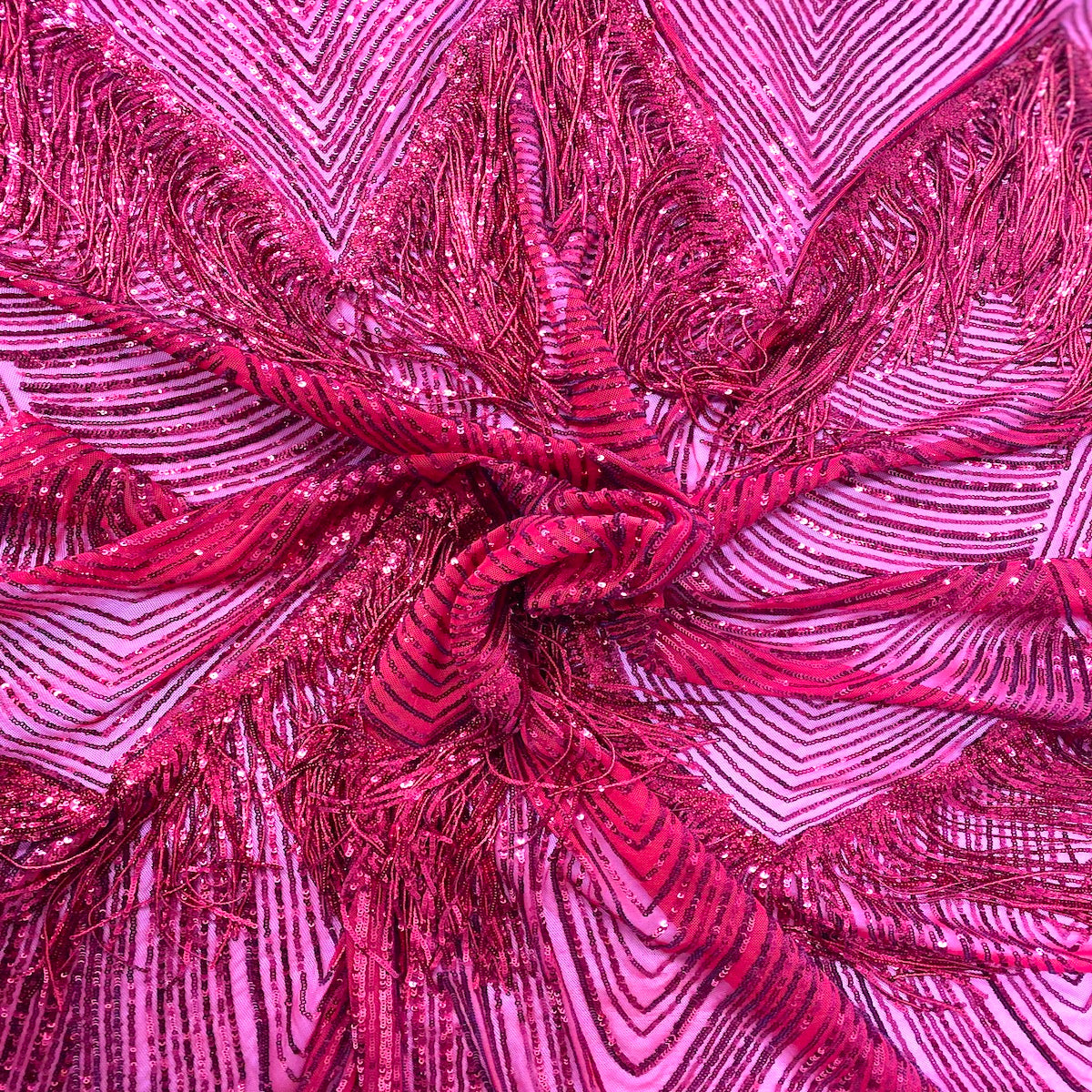 Flamingo Fringe Embroidered Stretch Sequin Fabric - Nylon Spandex Mesh Fabric, Fringe Embroidered Sequin, 60" Width, 12" Pattern Repeat (1 Yard)