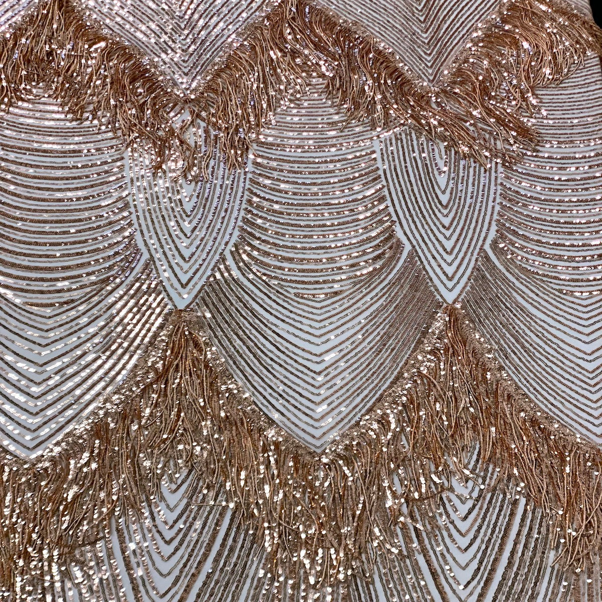 Flamingo Fringe Embroidered Stretch Sequin Fabric - Nylon Spandex Mesh Fabric, Fringe Embroidered Sequin, 60" Width, 12" Pattern Repeat (1 Yard)