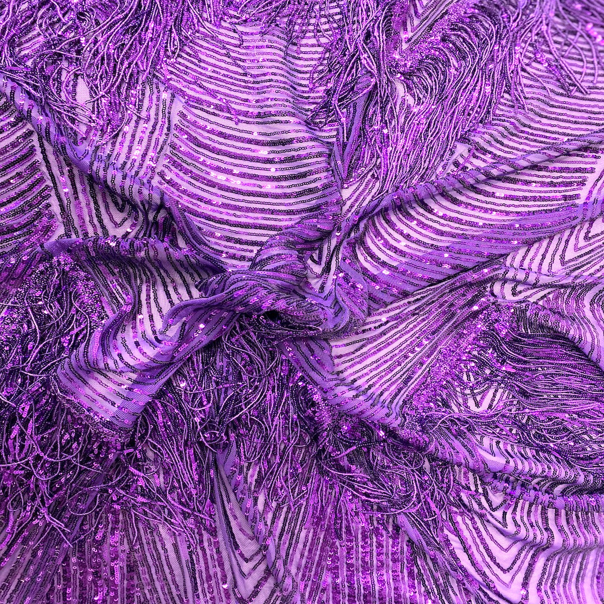 Flamingo Fringe Embroidered Stretch Sequin Fabric - Nylon Spandex Mesh Fabric, Fringe Embroidered Sequin, 60" Width, 12" Pattern Repeat (1 Yard)