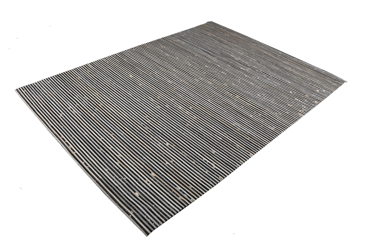 Patchwork PCH222 Hairon Leather Fabric - Cream & Black Geometric Striped Patchwork With Gold Accents, Black/White, 100% Hairon Leather With Felt Backing, Made In India (5' X 7')