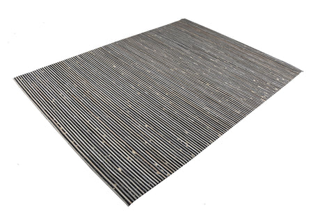 Patchwork PCH222 Hairon Leather Fabric - Cream & Black Geometric Striped Patchwork With Gold Accents, Black/White, 100% Hairon Leather With Felt Backing, Made In India (5' X 7')