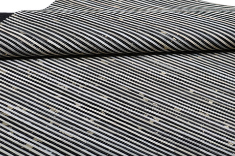 Patchwork PCH222 Hairon Leather Fabric - Cream & Black Geometric Striped Patchwork With Gold Accents, Black/White, 100% Hairon Leather With Felt Backing, Made In India (5' X 7')