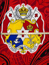 Kingdom Of Tonga Seal Tiare Polyester Fabric - Red, Fuchsia, Royal, Green, Tongan Seal And Tiare Print, 62" L X 45" W (1 Piece)