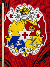 Kingdom Of Tonga Seal Tiare Polyester Fabric - Red, Fuchsia, Royal, Green, Tongan Seal And Tiare Print, 62" L X 45" W (1 Piece)