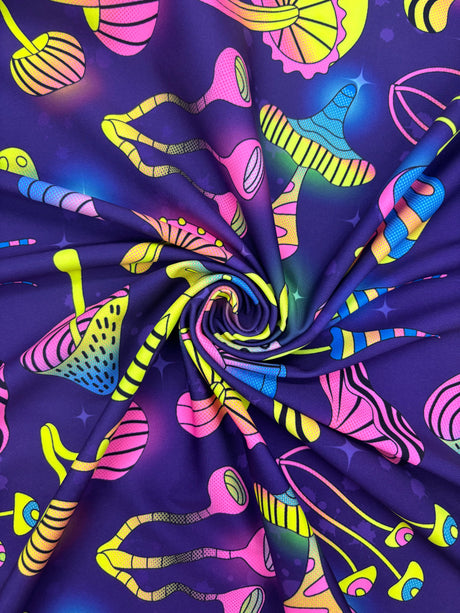 Purple Trippy Mushroom Polyester Spandex Fabric - Purple Mushroom Print, 58"/60" Width (1 Yard)