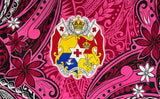 Kingdom Of Tonga Seal Tiare Polyester Fabric - Red, Fuchsia, Royal, Green, Tongan Seal And Tiare Print, 62" L X 45" W (1 Piece)
