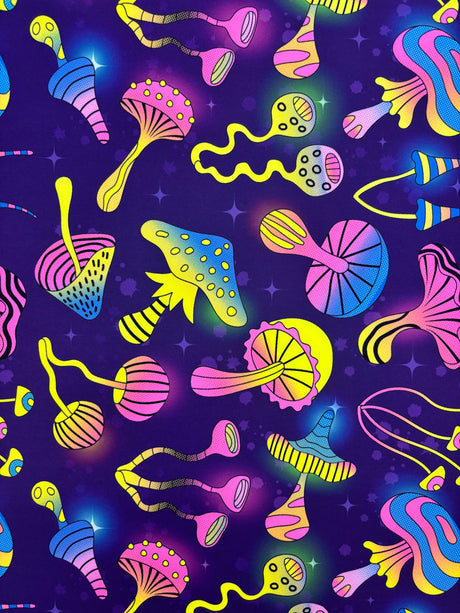 Purple Trippy Mushroom Polyester Spandex Fabric - Purple Mushroom Print, 58"/60" Width (1 Yard)