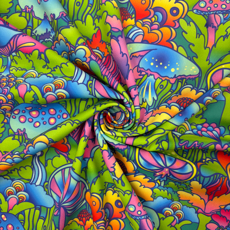1 Yard Trippy Mushroom Forest Spandex Fabric Four Way Stretch for Leggings and Costumes 58"/60" Width
