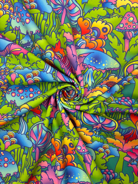 Trippy Mushroom Forest Polyester Spandex Fabric - Printed, 58/60" Width (Yard 36" X 60")
