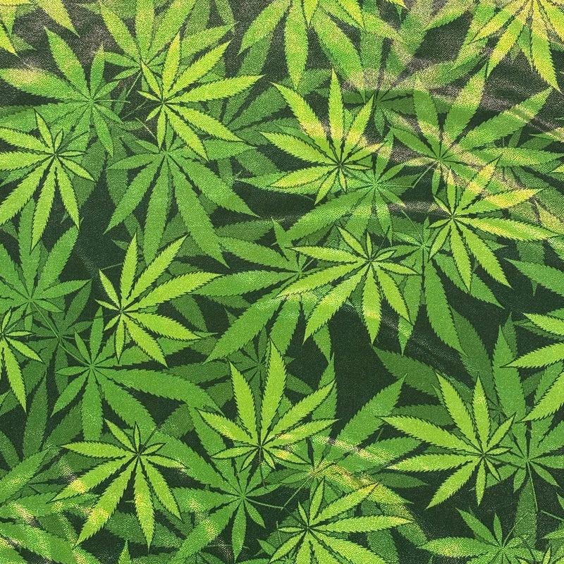Marijuana Leaf Holographic Mystique Spandex Fabric - Holographic, Metallic, 4-Way Stretch (1 Yard)