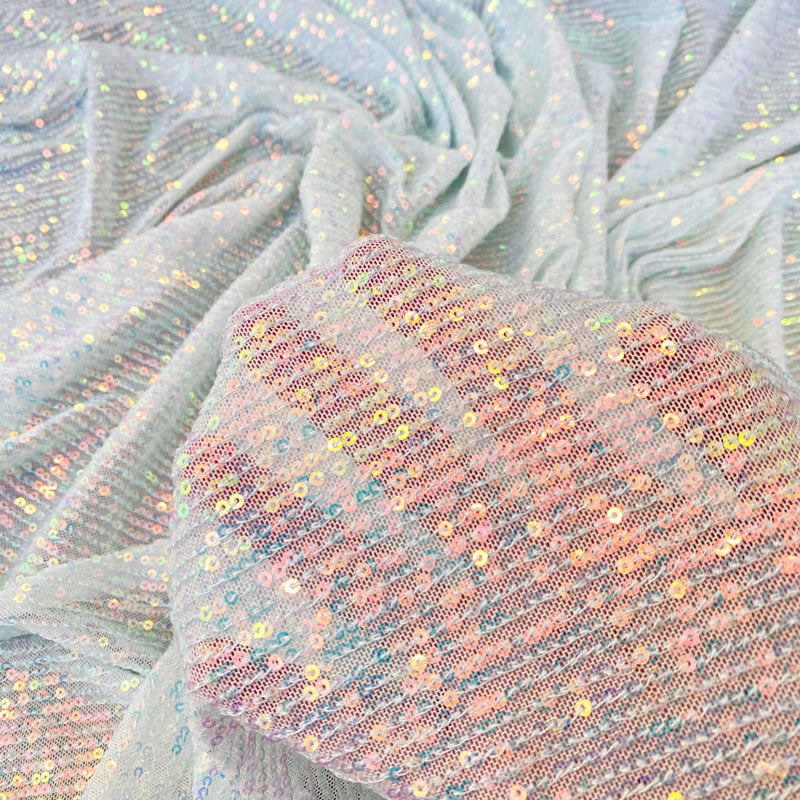Stretch Sequin Mesh White Iridescent Striped