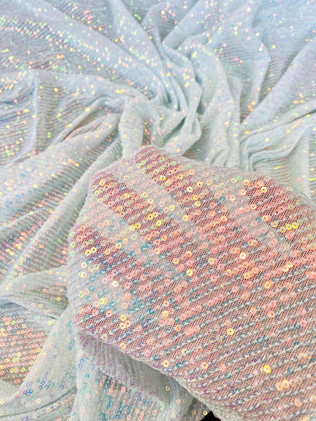 Stretch Sequin Mesh White Iridescent Striped