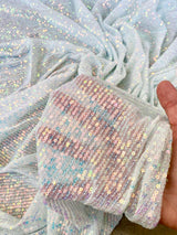 Stretch Sequin Mesh White Iridescent Striped