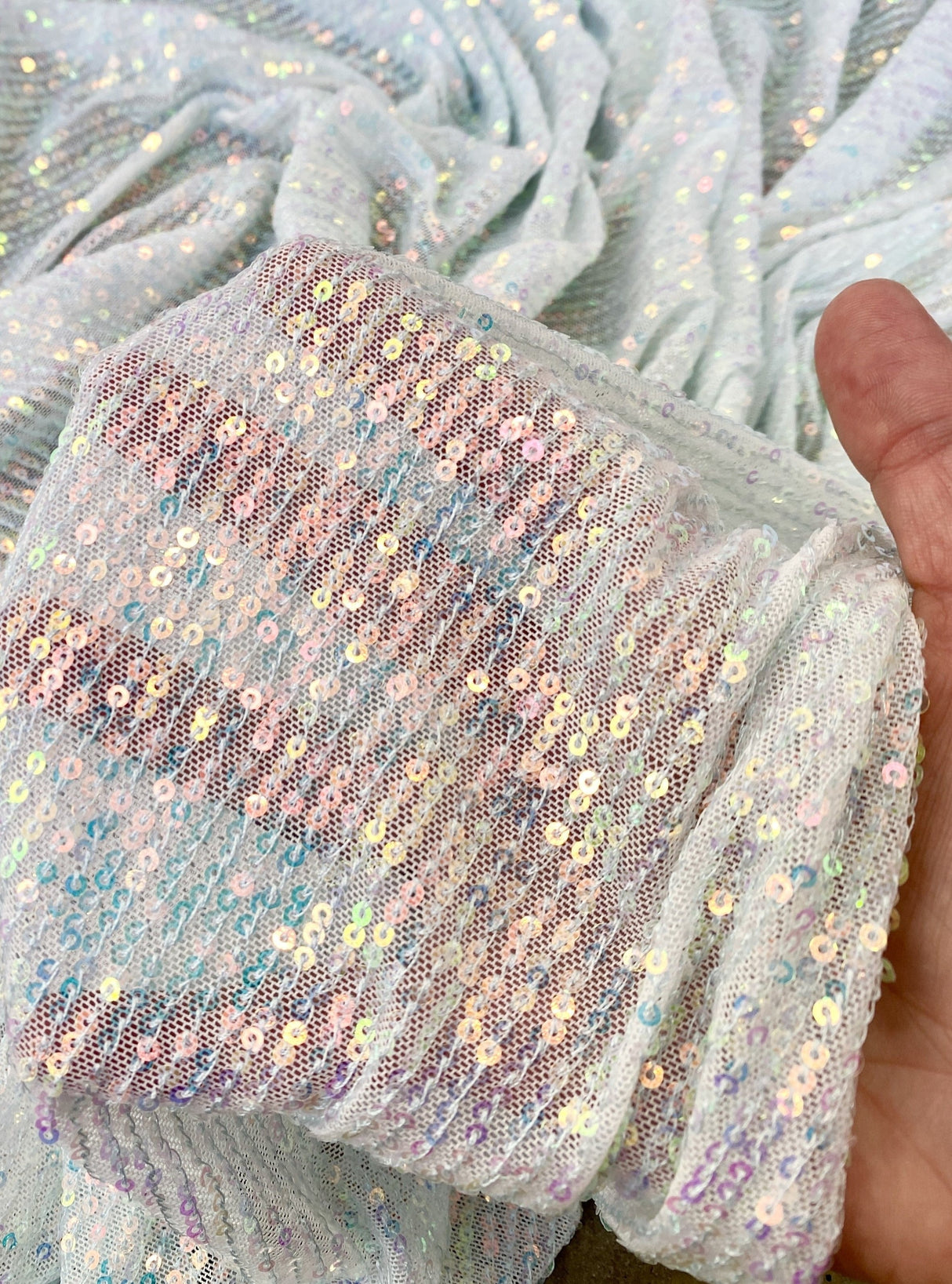 Stretch Sequin Mesh White Iridescent Striped