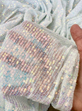 Stretch Sequin Mesh White Iridescent Striped