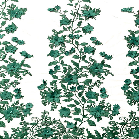 3D Embroidered Satin Floral Pearl Lace Fabric - 100 Percent Polyester Fabric, Floral Pearl Embroidery, 52" Width, 12" Panel (1 Yard)