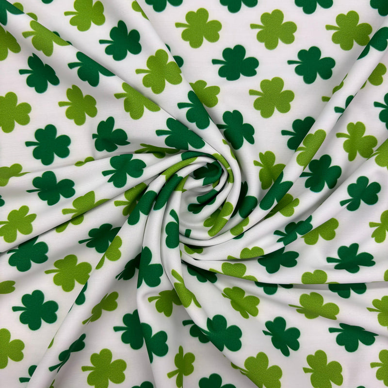 Lucky Clover Polyester Spandex Fabric - Green Clover Print, 58"/60" Width (1 Yard)