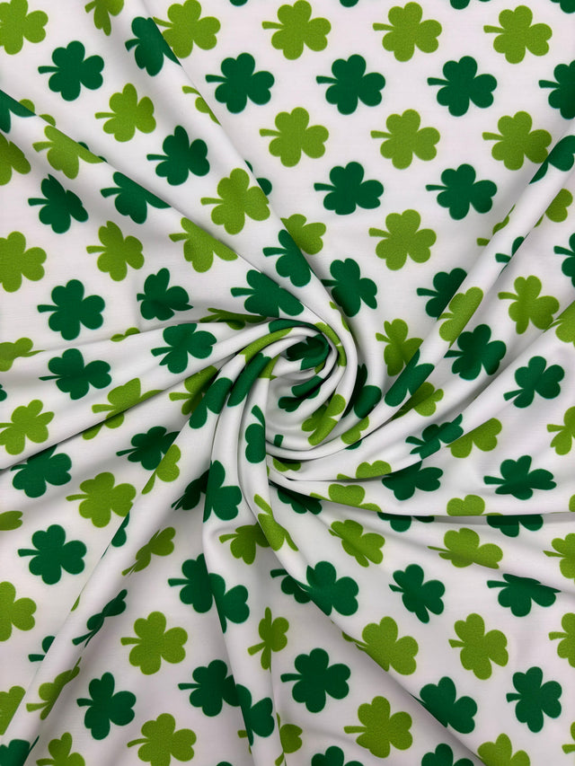 Lucky Clover Polyester Spandex Fabric - Green Clover Print, 58"/60" Width (1 Yard)