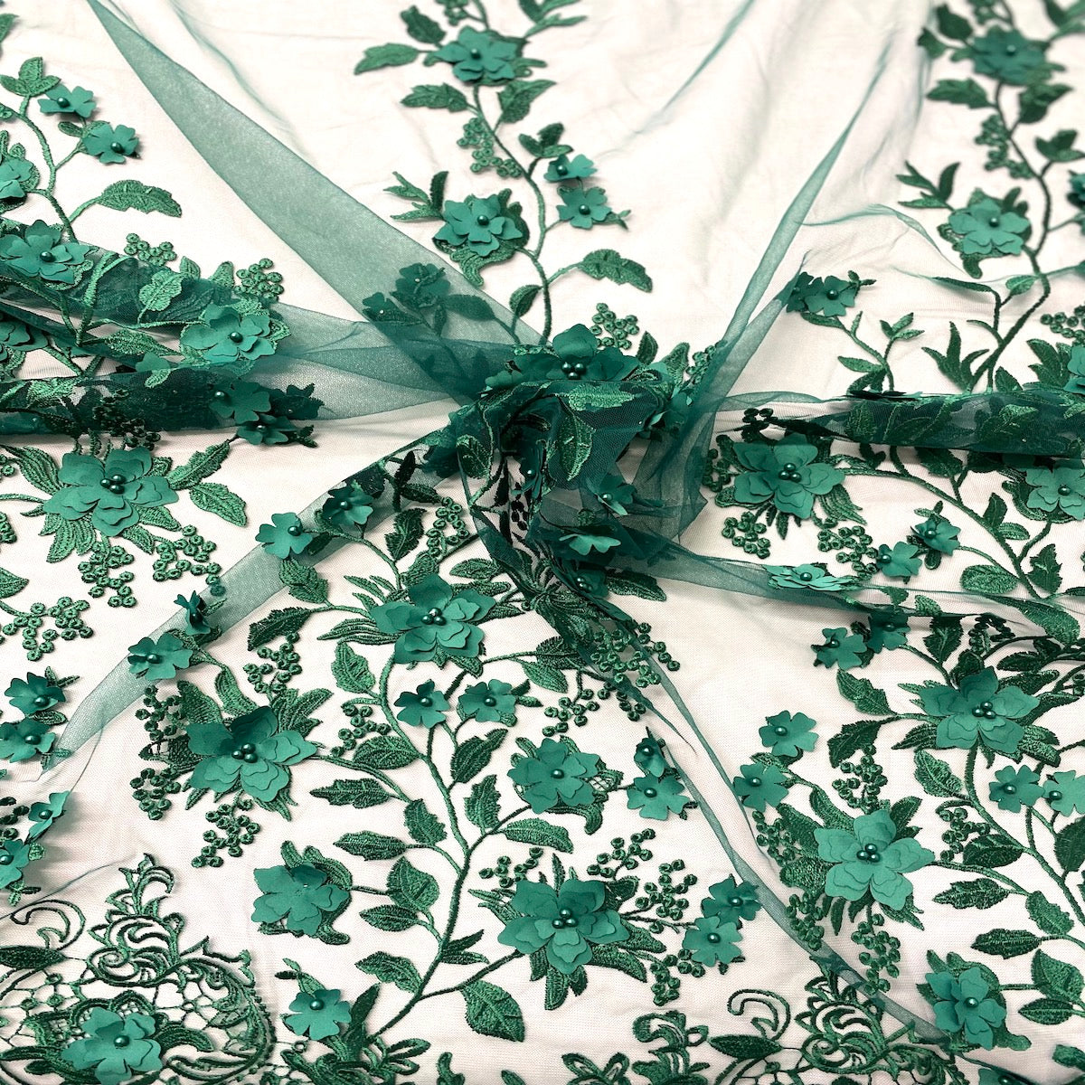 3D Embroidered Satin Floral Pearl Lace Fabric - 100 Percent Polyester Fabric, Floral Pearl Embroidery, 52" Width, 12" Panel (1 Yard)