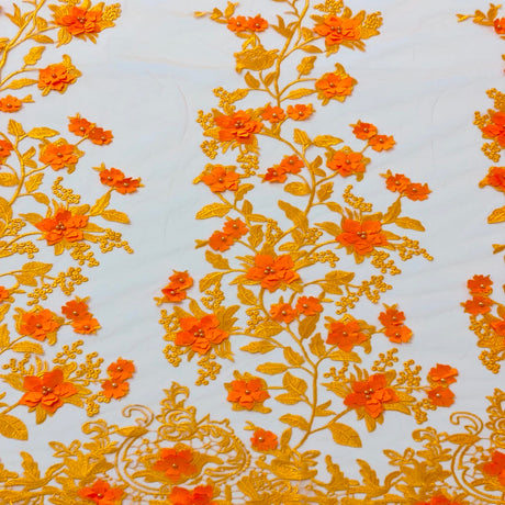 3D Embroidered Satin Floral Pearl Lace Fabric - 100 Percent Polyester Fabric, Floral Pearl Embroidery, 52" Width, 12" Panel (1 Yard)