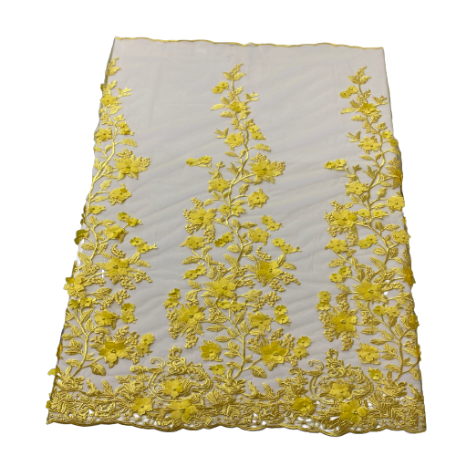 3D Embroidered Satin Floral Pearl Lace Fabric - 100 Percent Polyester Fabric, Floral Pearl Embroidery, 52" Width, 12" Panel (1 Yard)