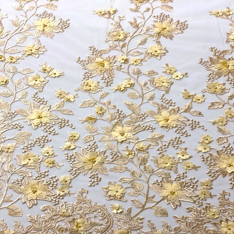 3D Embroidered Satin Floral Pearl Lace Fabric - 100 Percent Polyester Fabric, Floral Pearl Embroidery, 52" Width, 12" Panel (1 Yard)