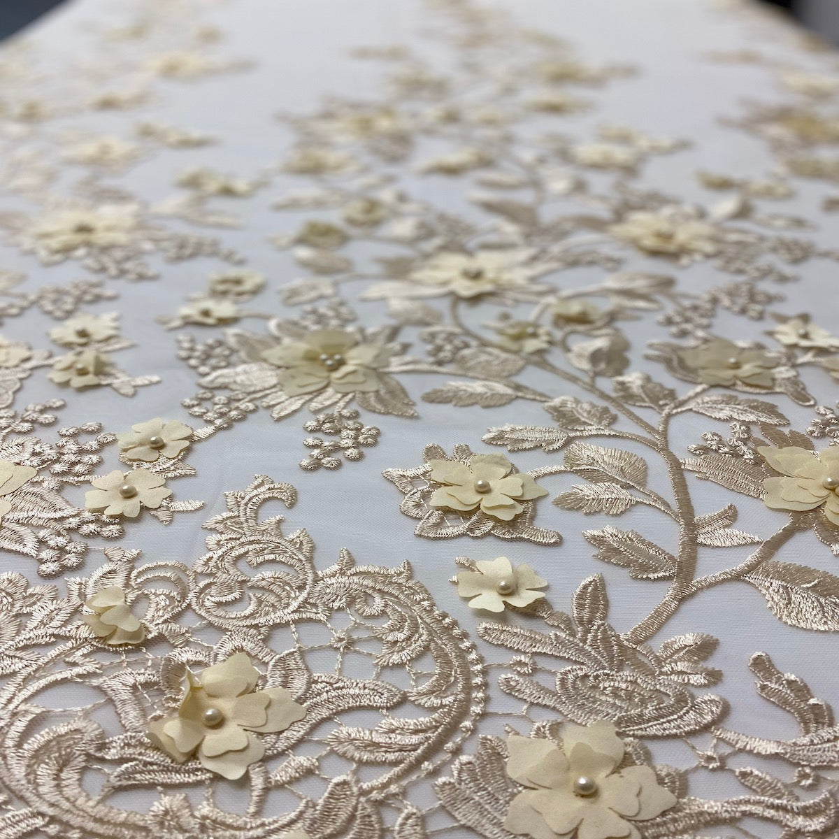 3D Embroidered Satin Floral Pearl Lace Fabric - 100 Percent Polyester Fabric, Floral Pearl Embroidery, 52" Width, 12" Panel (1 Yard)
