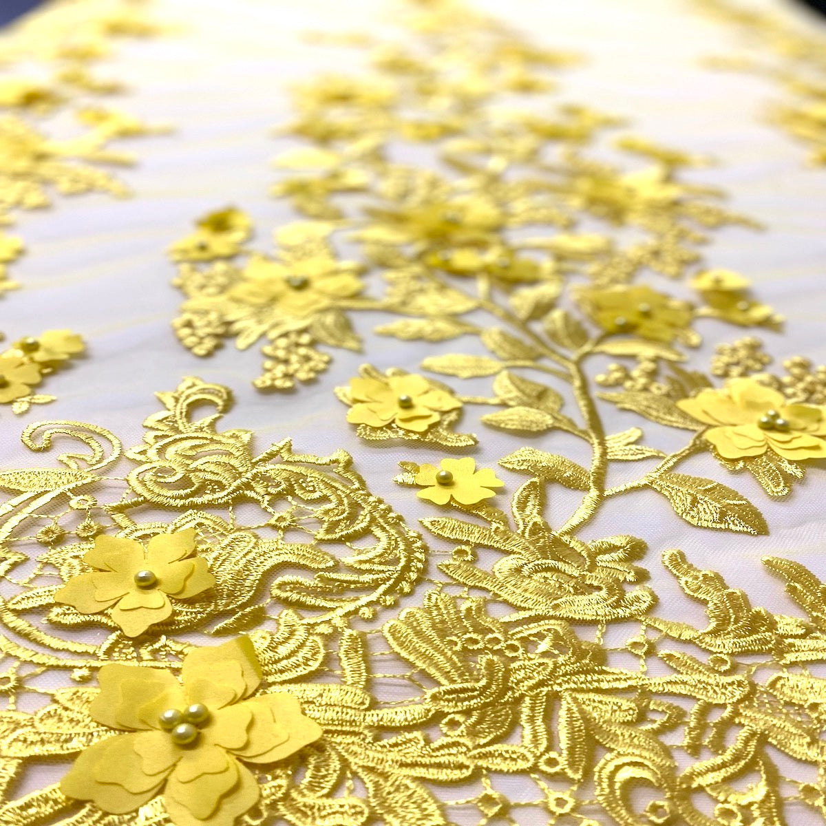 3D Embroidered Satin Floral Pearl Lace Fabric - 100 Percent Polyester Fabric, Floral Pearl Embroidery, 52" Width, 12" Panel (1 Yard)
