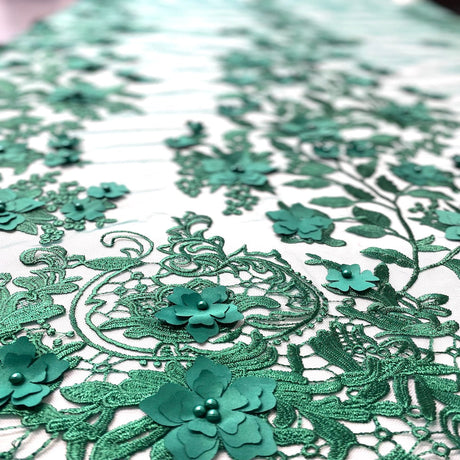 3D Embroidered Satin Floral Pearl Lace Fabric - 100 Percent Polyester Fabric, Floral Pearl Embroidery, 52" Width, 12" Panel (1 Yard)