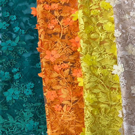 3D Embroidered Satin Floral Pearl Lace Fabric - 100 Percent Polyester Fabric, Floral Pearl Embroidery, 52" Width, 12" Panel (1 Yard)