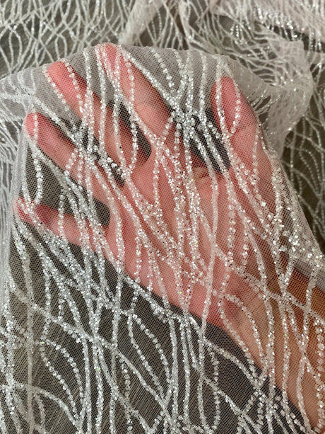 Glitter Lace on Mesh Silver White