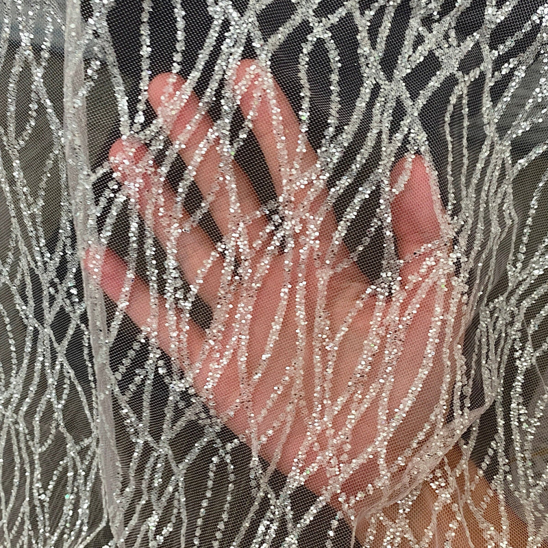 Glitter Lace on Mesh Silver White