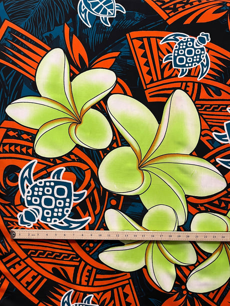 Peachskin Fabric Plumeria Turtles Tribal Design