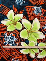 Plumeria Turtles Traditional Tribal Design Peachskin Fabric - Tribal Polynesian Print, 44/45" Width (1 Yard)