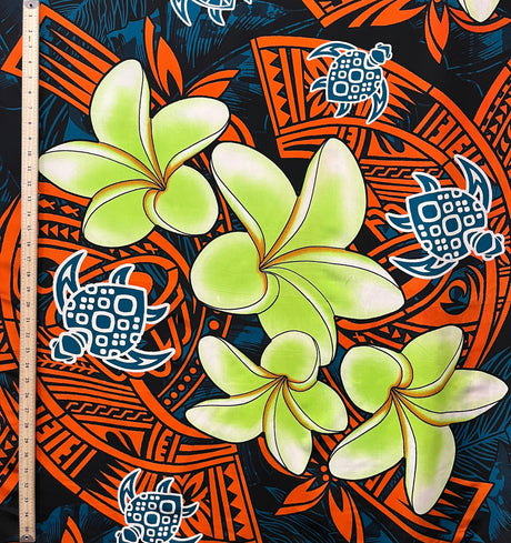 Peachskin Fabric Plumeria Turtles Tribal Design