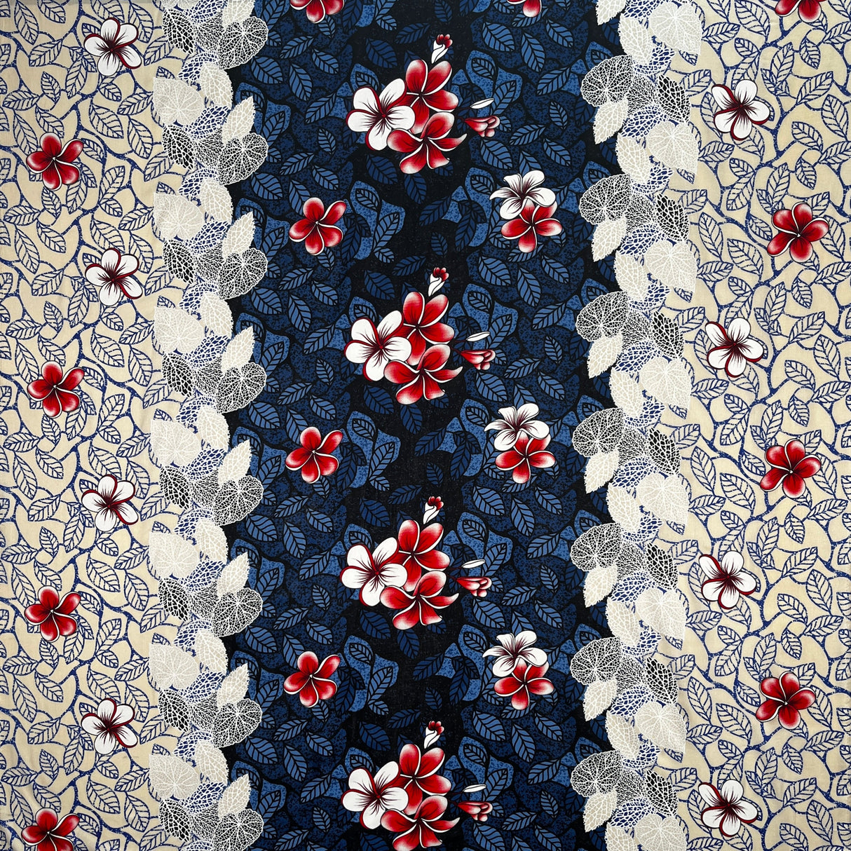 Rayon Fabric Plumeria Flowers & Leaves Parallel Design