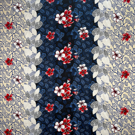 Rayon Fabric Plumeria Flowers & Leaves Parallel Design