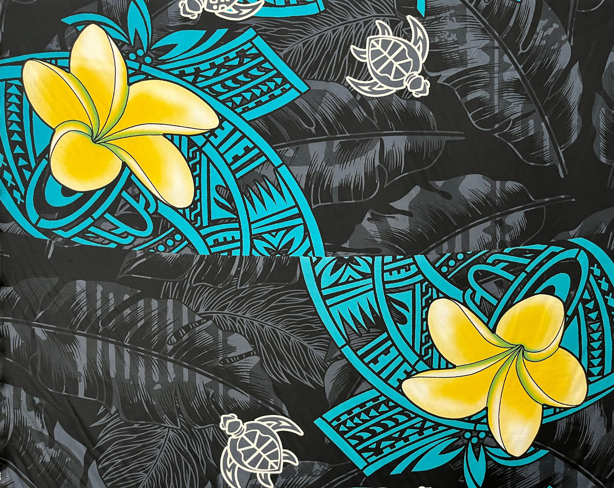 Plumeria Turtles Traditional Tribal Design Peachskin Fabric - Polynesian Hibiscus, Plumeria, Sea Turtle Print, 44/45" Width (1 Yard)