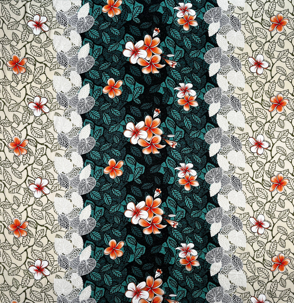 Rayon Fabric Plumeria Flowers & Leaves Parallel Design