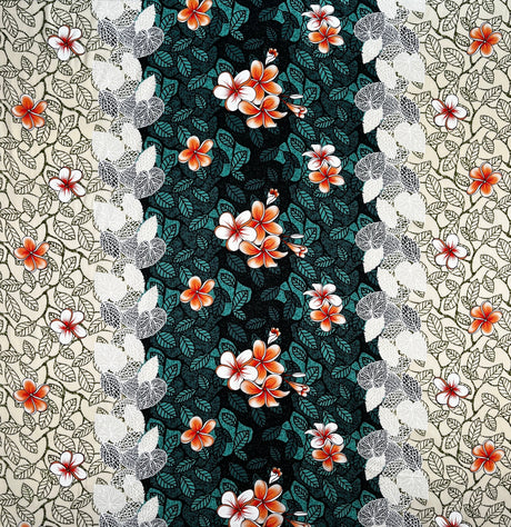 Plumeria Flowers & Leaves Parallel Design Rayon Fabric - Cream/Red/Navy, 36" X 45" Width (1 Yard)