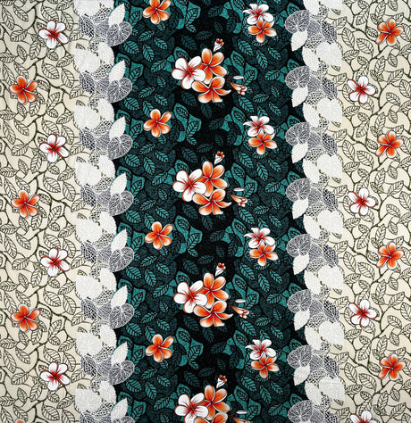 Plumeria Flowers & Leaves Parallel Design Rayon Fabric - Cream/Red/Navy, Floral Print, 36" X 45" (1 Yard)
