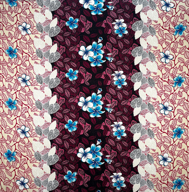 Plumeria Flowers & Leaves Parallel Design Rayon Fabric - Cream/Red/Navy, Floral Print, 36" X 45" (1 Yard)