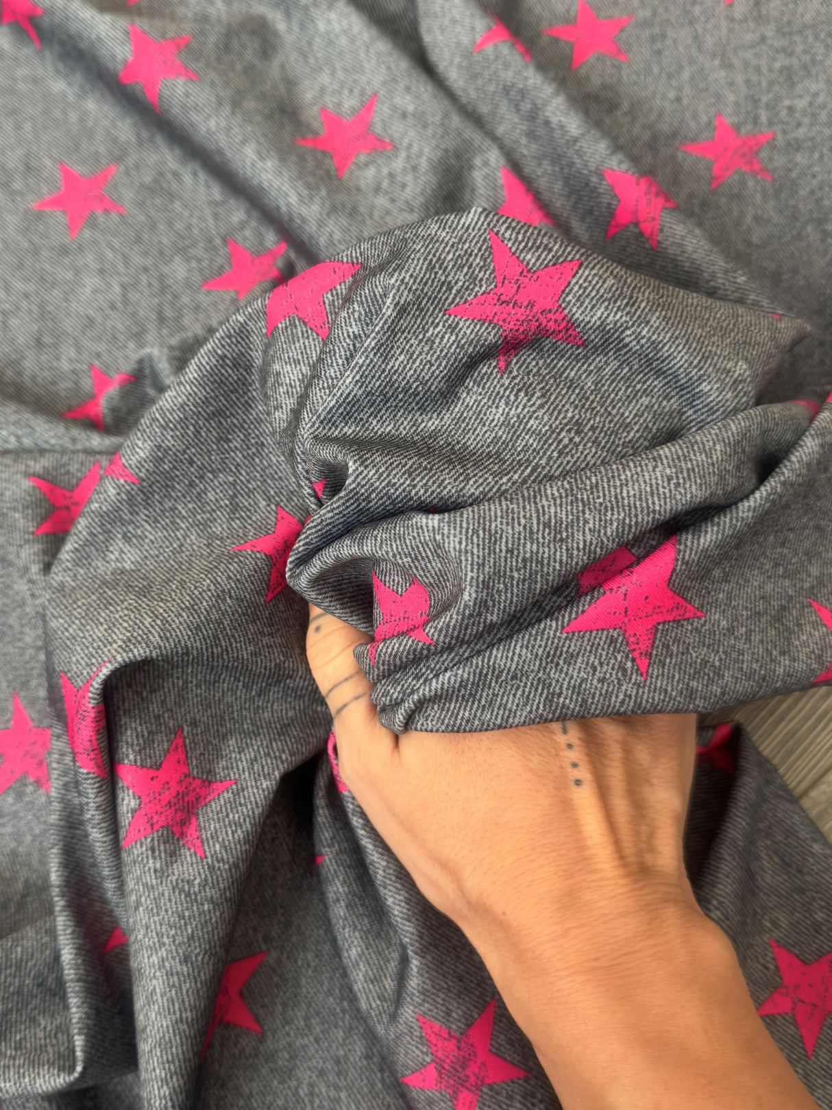 Printed Nylon Spandex Pink Stars on Gray